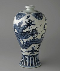 Large blue and white glazed jar with dragon and 4 fantastic heads; wide foot and shoulder; narrow reel mouth. Original from the Minneapolis Institute of Art.