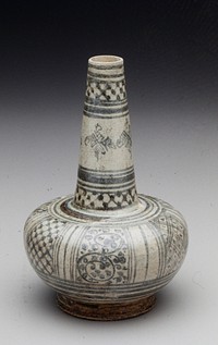 bottle jar stoneware with underglaze designs, Thailand; The bulbous lower portion divided into seven panels, each field with a geometric pattern; neck has three rings of geometric patterning similar to below and many bands. Original from the Minneapolis Institute of Art.
