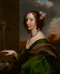 Portrait of a woman in a green dress and brown scarf with flowers in her hair, pearl necklace and earrings, at a fountain.. Original from the Minneapolis Institute of Art.