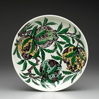 incised decoration of dragon pursuing flaming pearl and 2 dragons on bottom; glazed decoration of 4 peaches in purple, green and yellow with flowers on bottom. Original from the Minneapolis Institute of Art.