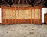 twelve panels; each panel consists of central painting and three carved panels; one square panel above painting with large medallion; two panels below painting rectangular above square; small medallion in rectangular panel, smiliar design lower square panels throughout. Original from the Minneapolis Institute of Art.