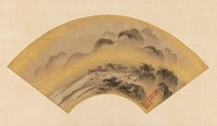 Mounted fan painting; thatched rooftops of a mountain village amid rounded mountain tops and golden fog; billowing mountains in background; shoreline at L with skiff; clouds are gold pigment. Original from the Minneapolis Institute of Art.