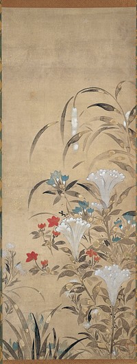 Dense cluster of foliage with red flowers and a tiger lily at bottom; groupings of white flowers near center; arching foliage with a few light blue leaves and hanging white flowers above; ivory roller ends. Original from the Minneapolis Institute of Art.