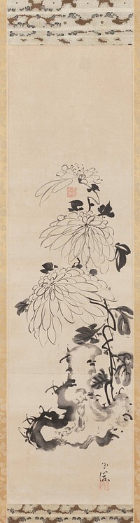 Ink drawing of three chrysanthemum blossoms over an irregular scholar's rock. Original from the Minneapolis Institute of Art.
