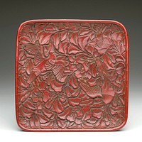 square with rounded corners; carved red lacquer with 2 birds in peonies; short foot with scrolls on exterior edge. Original from the Minneapolis Institute of Art.