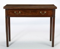 table, folding card; drawer with brass bail handles and key plate; square moulding and slightly tapering legs, called 'finger print' design; entire piece has moulded edges throughout. Original from the Minneapolis Institute of Art.