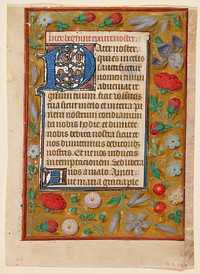 Double-sided; illumination on recto only; borders on all sides, top and one side narrower; solid gold (not leaf) background strewn with flowers and shadows: roses, rosebuds, columbine, iris, paquerettes, forget-me-nots, bluebells, and strawberries, and a bird; Text portion outlined with blue and narrow gold leaf, large initials foliated in red, blue and gold leaf, lettering in black and red.. Original from the Minneapolis Institute of Art.