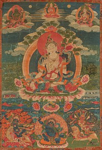 A thanka, pigments on fabric; Tara, goddess of mercy, holds in her left hand a lotus blossom; her right hand expresses gesture of 'varada mudra' (compassion); Upper right corner is Padmasambhava with Karmavajra on his left and a llama between; three protective images are represented at the bottom.. Original from the Minneapolis Institute of Art.