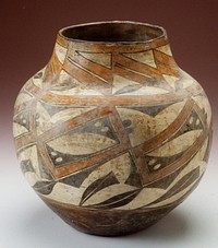 Large body vessel with back foot and red, black and red motif. Red rim around rim and shoulder of vessel.. Original from the Minneapolis Institute of Art.