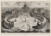 courtyard in front of the Vatican with its two long curving colonnades surmounted with sculptures; carriages and figures throughout; city beyond at left and right. Original from the Minneapolis Institute of Art.