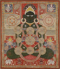 dark green complected Parsvanatha seated in the lotus posture with cosmic diagram superimposed over his body, represented by nine circles or mandalas. Original from the Minneapolis Institute of Art.
