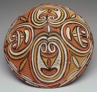 shallow, wide-flaring bowl with pointed bottom; undecorated interior; exterior decorated with incised curvilinear repeat pattern in red, yellow and white. Original from the Minneapolis Institute of Art.