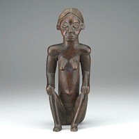 seated female figure with back very straight; knees apart and feet flat on the ground; hands on knees; long face. Original from the Minneapolis Institute of Art.