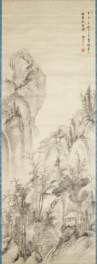 Dense landscape containing trees and an empty hut in the foreground; scholar seated in a multilevel pavillion built into the side of a mountain at middle and a towering twisted mountain peak with waterfall emerging from the left in the distance. Original from the Minneapolis Institute of Art.