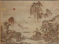 Meticulously rendered, panoramic view of an imaginary landscape with myriads of hills, mountains and waterside villas surrounded by a large body of water; includes red sun, flying cranes, flock of geese, scholar crossing a bridge, a small pleasure boat and central waterfall into mist. Original from the Minneapolis Institute of Art.