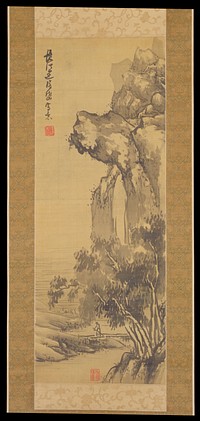 a lone scholar crosses a bridge to the left beneath a large looming cliff with a waterfall cascading behind a grove of trees. Original from the Minneapolis Institute of Art.