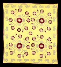 Yellow background; leaf-like applique border in green; 4 large appliqued floral medallions in green, maroon, pink and yellow; tan and red vine print backing. Original from the Minneapolis Institute of Art.