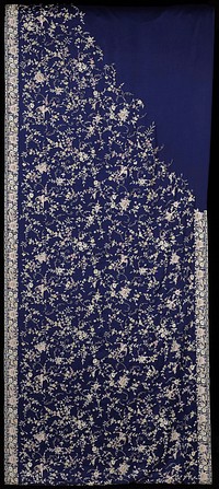 royal blue ground; embroidery in cream, pink, yellow, tan, blue and red of thin flowering vines with birds. Original from the Minneapolis Institute of Art.