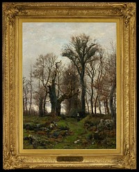 figure near center, walking through a landscape with bare trees; rocks in foreground; setting sun. Original from the Minneapolis Institute of Art.