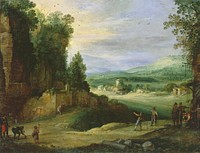 Dutch Golden Age. Landscape with figures. Genre. In the foreground, a group of men playing ancient Dutch game of 'kolven' (golf). Middle distance, tower surrounded by a wall. In the distance, cottages and mountains. Rocky landscape to immediate left.. Original from the Minneapolis Institute of Art.