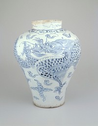 wide, flaring shoulder with short, wide neck; blue and white glaze with 2 dragons, cloud forms and scrolls around neck. Original from the Minneapolis Institute of Art.