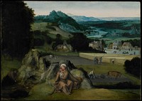 Religion: NT. Madonna and Child. Rest on the Flight into Egypt. Virgin and Child seated on rocky mound in foreground. Joseph fills water bottle at a little pool on the left. Herod's soldiers question the farmer who points to a field of wheat. Small Flemish village in the right background, in front of which is enacted the Massacre of the Innocents. Trees, hills, winding river form fanciful landscape background.. Original from the Minneapolis Institute of Art.