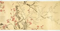 image of a red and white prunus in flower, text fields placed within branch openings, nine separate grouping of text within image; separate text field at end contained in four separate inscriptions. Original from the Minneapolis Institute of Art.