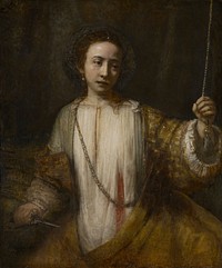 Rembrandt van Rijn's Allegory. Lucretia, portrait of a young woman, seconds after taking her own life, holding knife in right hand, blood-stained chemise, left hand grasps bell cord. Original from the Minneapolis Institute of Art.