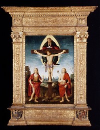 Religion: NT. Trinity with Saint John the Baptist and Saint Sebastian. Nothing on verso (balsa panel). Original from the Minneapolis Institute of Art.