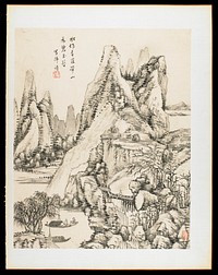 2 boats, LLC, with 3 figures seated in one boat; figure on a walkway near bottom center; rocky, mountainous landscape with bare trees; from an album of 12 drawings in ink and wash; short inscription and stamps in red. Original from the Minneapolis Institute of Art.