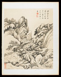 Field in LLC; buildings nestled in rocky mountainous landscape; stepped path through mountains vertically through center of image; from an album of 12 drawings in ink and wash; short inscription and stamps in red. Original from the Minneapolis Institute of Art.