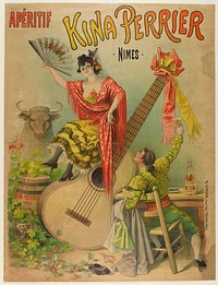 Kina Perrier is an aperitif, served before meals to stimulate the appetite. This poster features a Spanish dancer and a matador, who have just sat down for a drink while the bull looks on from the background.. Original from the Minneapolis Institute of Art.