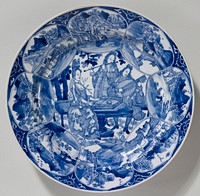 blue and white plate; European lady musician accompanied by two gentlemen in outdoor setting; border of eight petal-shaped landscape panels. Original from the Minneapolis Institute of Art.
