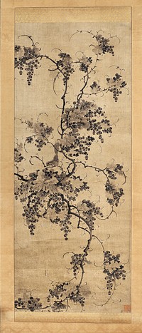 Grapevine with abundant grape clusters, tendrils, and scattered leaves; three small squirrels climbing the vine. Original from the Minneapolis Institute of Art.