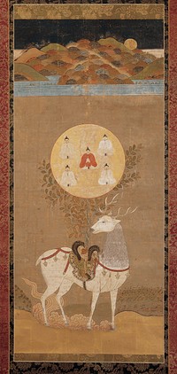 Unsigned; white deer wearing bells and an ornate saddle with a wisteria vine growing from it; golden circle within wisteria with three figures sitting cross-legged, and sitting with hands folded in front of chest, clasping small tablets, four of the figures are in white, and center figure is in red; mountains at top with colorful mounds, water below, and golden moon near top. Original from the Minneapolis Institute of Art.
