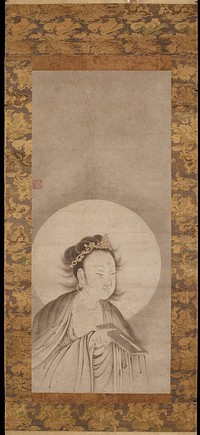 Figure in 3/4 profile with crown, and hair tied up with many wisps coming loose, looking toward R; figure holds a book out in PR hand, close to chest; light halo around head. Original from the Minneapolis Institute of Art.