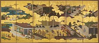 Unsigned; village scene with people in various forms of activity; men with carriages; images separated by gold clouds. Original from the Minneapolis Institute of Art.