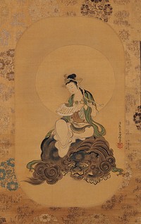 Male figure with halo reading a handscroll while sitting on a lion with curly mane and tail. Original from the Minneapolis Institute of Art.