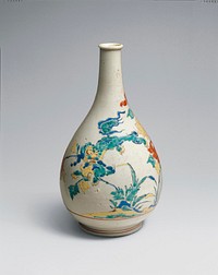 Bottle with design of red and cream colored peonies, and a Chinese lion. Original from the Minneapolis Institute of Art.