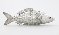 fish shaped; constructed with hinges so body is flexible; head is hinged; mouth hinged and lower lip has holes; glass eyes; has plexi mount. Original from the Minneapolis Institute of Art.