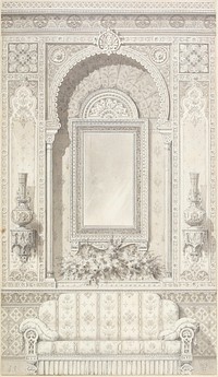 sketch of interior with window with long, open, fringed draperies; pedestal table with urn at center of window. Original from the Minneapolis Institute of Art.