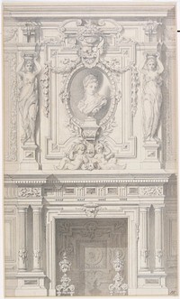 sketch of interior with sofa at lower center; wall niche with floral bouquet below; vases on wall pedestals flank niche. Original from the Minneapolis Institute of Art.