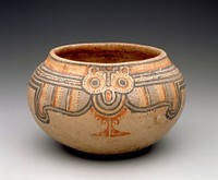 Bowl, wide-mouthed, with a shaped painted band representing two owls, wings outspread, around the rim. The painting is in grey, black, orange, and buff on a cream slip ground. Jar cracked vertically on one side.. Original from the Minneapolis Institute of Art.