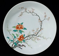 robin's egg blue ground with flowering branch; 2 large orange flowers; branch extends from outer edge, with small branches around edge. Original from the Minneapolis Institute of Art.