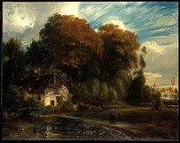 white cottage with slanted roof at L; trees behind - tallest with turning leaves; woman on path with a pony; figures at R by haystack. Original from the Minneapolis Institute of Art.