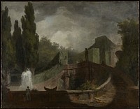 stairway around a fountain in a garden; tall trees at L; 2 sculptures at overlook at top of stairs at center; figures at LLC and at overlook. Original from the Minneapolis Institute of Art. by Jean-Honoré Fragonard