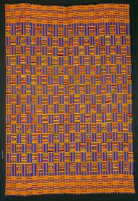 24 strips sewn together; blue, black, green, yellow and maroon; main body has long sections of horizontal stripes followed by three short sections of vertical stripes and modified plaidlike patterns. Original from the Minneapolis Institute of Art.