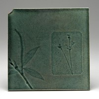green; impressed decorations from nature of leaves and branch in one corner and 2 stems with small flowers in a squared-off rectangle. Original from the Minneapolis Institute of Art.
