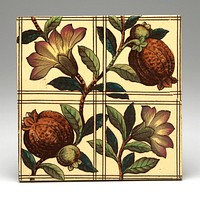 one branch with 2 pomegranates and flower, another branch with flower in one corner; grid design; multicolored transfer decoration on cream ground. Original from the Minneapolis Institute of Art.