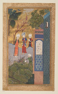 Garden Scene with two Princes and Attendants. The painting is based on the romantic epic poem 'Gal-Mul' by Sa'di. The lyrical sweetness of this picture is particularly striking in the painting of the vegetation. Timurid of Ottoman period.. Original from the Minneapolis Institute of Art.